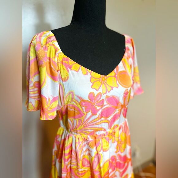 MittoShop Floral Smocked Dress Large Pink Yellow Boho Mini/Knee Length NWT - Picture 3 of 10